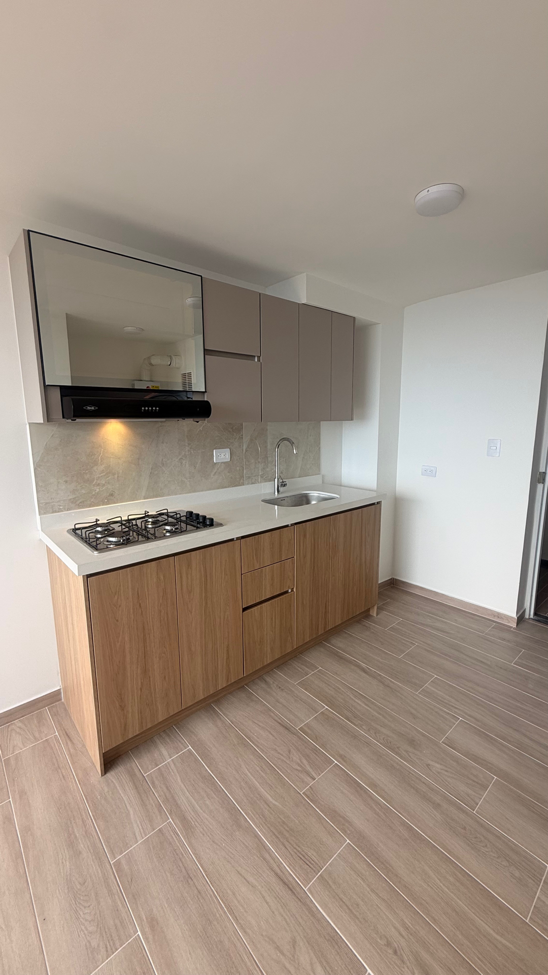Cocina lineal en madera con módulos altos en taupe brillante