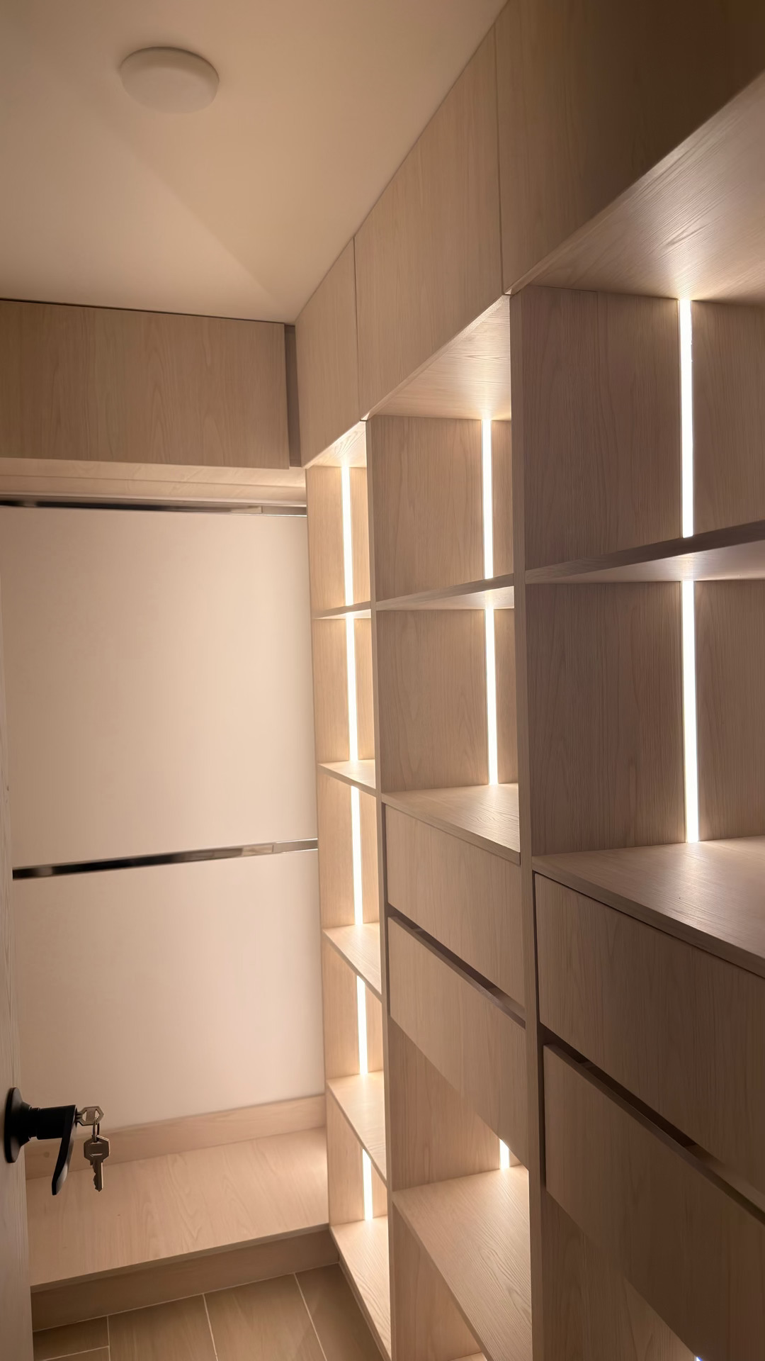 Vestier iluminado en madera clara